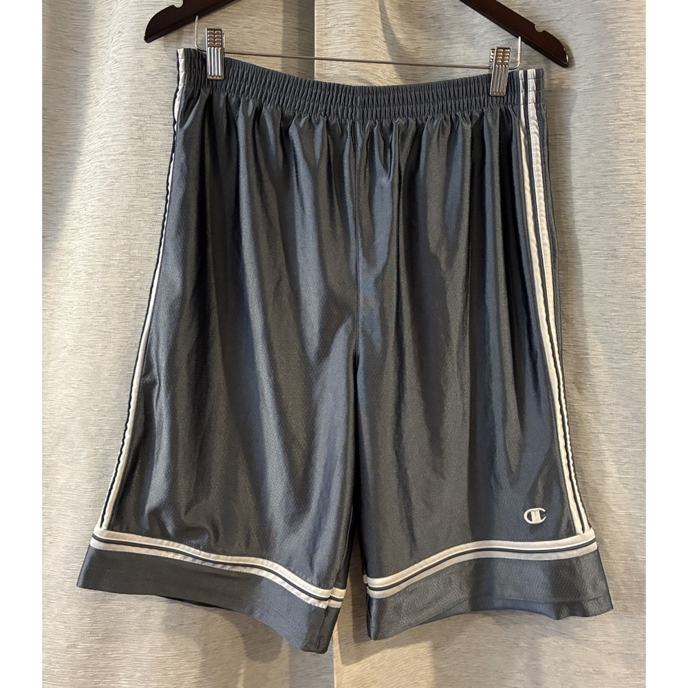 Y2K Champion‎ Mens Basketball Short Black Elastic Waist Logo Dazzle Silky Shiny